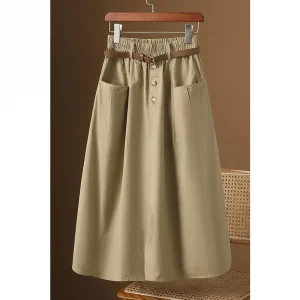 Women's A-Line Midi Skirt Elastic Waist Belted Casual Cotton Skirt
