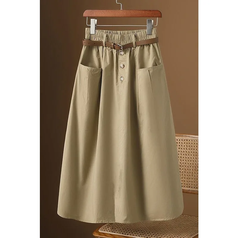 Women's A-Line Midi Skirt Elastic Waist Belted Casual Cotton Skirt