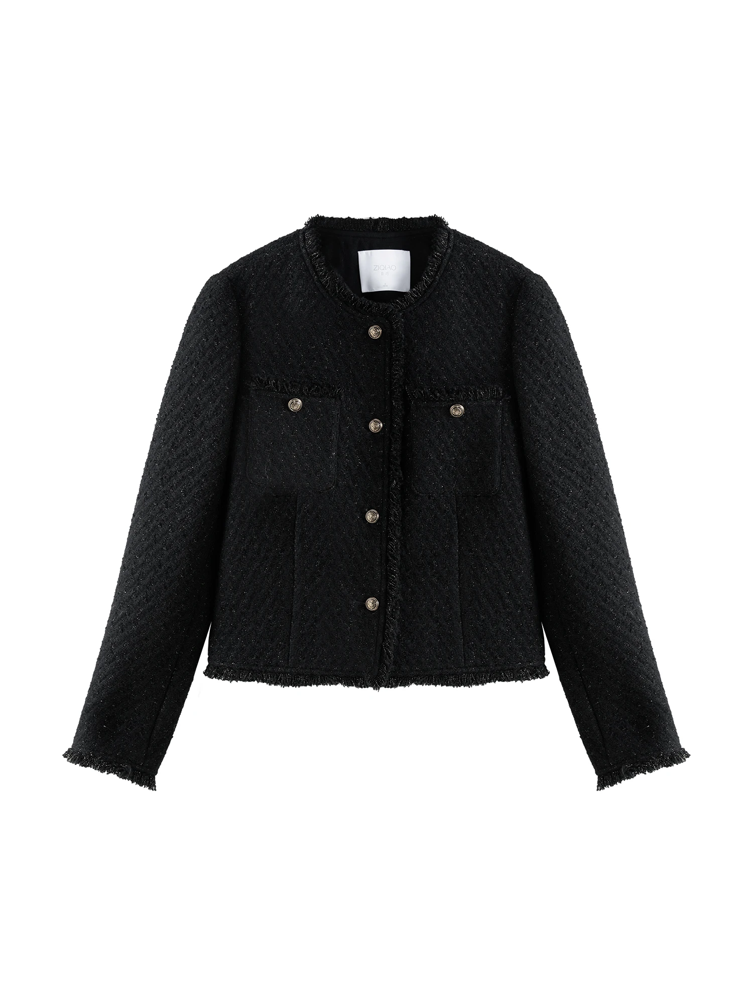 ZIQIAO Women Tweed Jackets Winter 23.4% Wool Black Temperament Short Wool Coats Round Neck Single Breasted Jacket 24ZQ94230 - Image 5