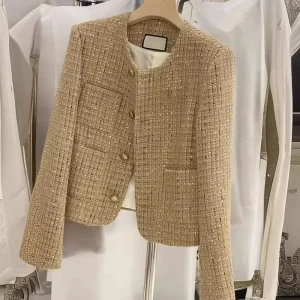 Elegant Cropped Tweed Wool Women's Jacket O-Neck Short Coat Solid Korean Style Golden French Look 2025 Autumn Fashion for Women