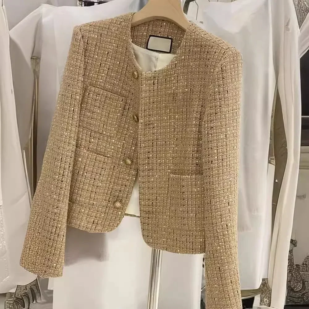 Elegant Cropped Tweed Wool Women's Jacket O-Neck Short Coat Solid Korean Style Golden French Look 2025 Autumn Fashion for Women