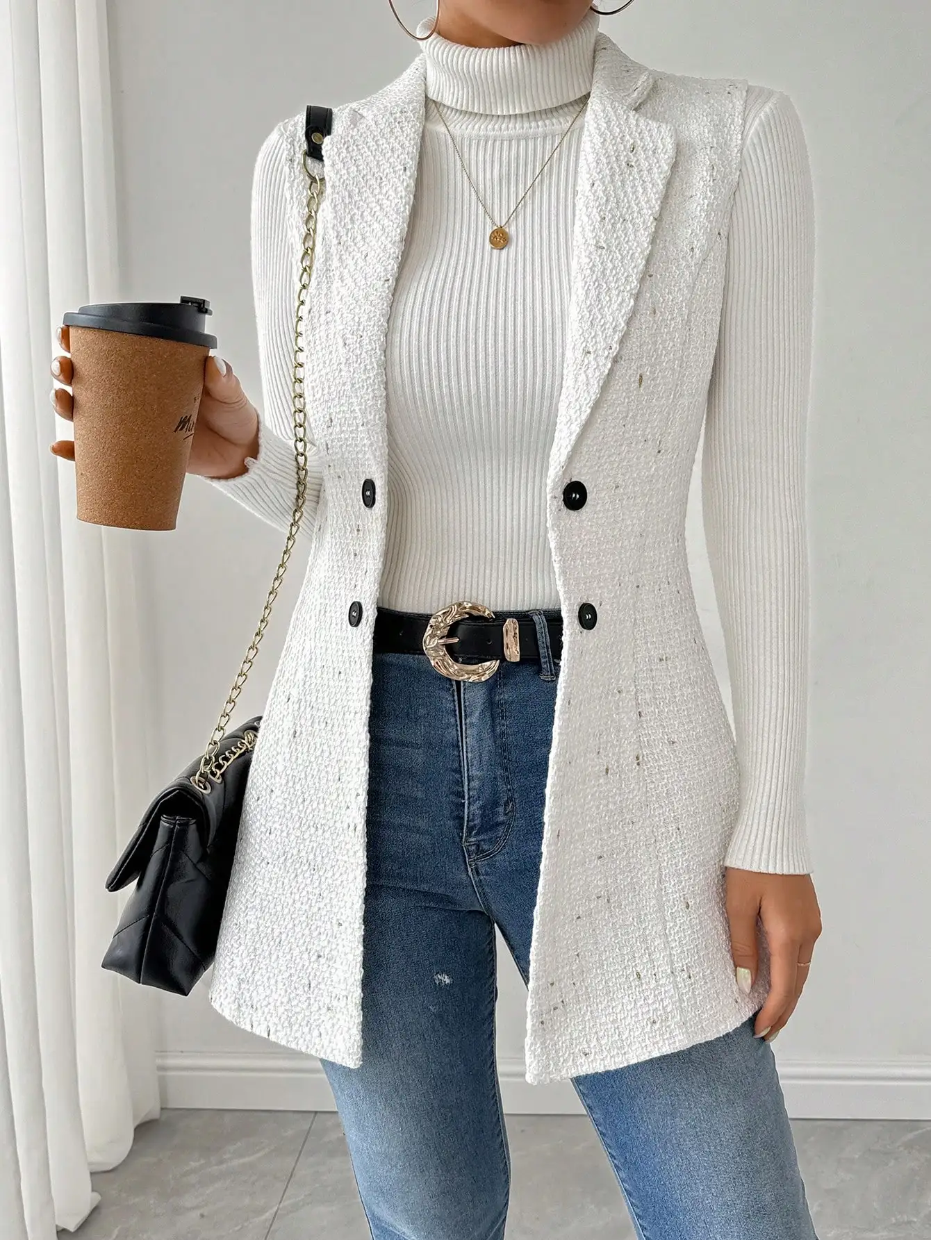 Women's White Tweed Vest Jacket with Polka Dot Pattern and Double Button Closure - Image 4
