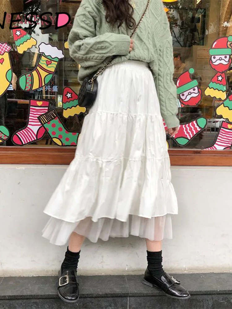 Long Tulle Midi Skirts Womens Autumn Elastic High Waist Mesh Tutu Pleated Skirts Female Black White Long Skirt Streetwear - Image 4
