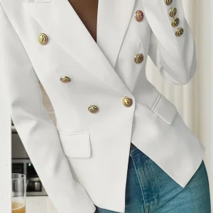 New Pure White Women's Elegant Double-Breasted Lapel Long-Sleeved Suit Jacket, High-Quality Classic Suit Jacket, Suitable for [Of/From - Context Needed for Best Choice]