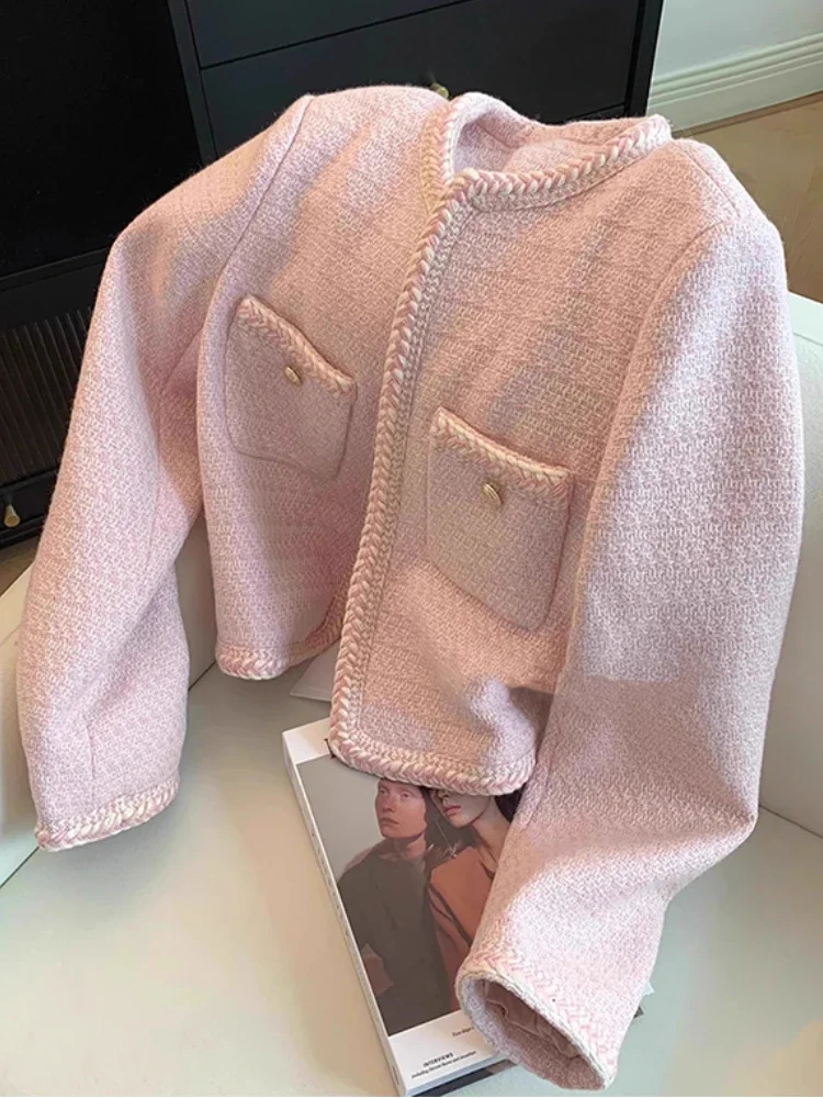 Pink Sweet Tweed Jacket Women Korean Fashion O-Neck Short Outerwear Autumn and Winter New Single Breasted Elegant Cropped Coat - Image 6