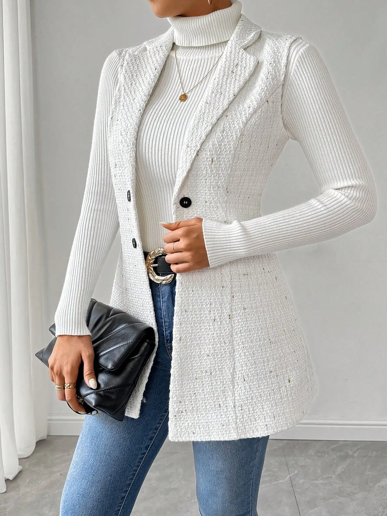 Women's White Tweed Vest Jacket with Polka Dot Pattern and Double Button Closure - Image 5