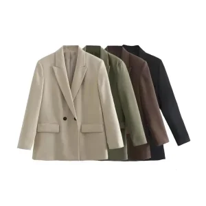 Women Fashion Double Breasted Loose Fitting Blazer Coat Vintage Long Sleeve Pockets Female Outerwear Chic Veste Femme